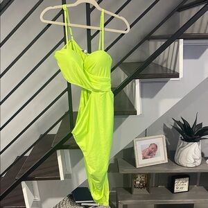 Fashion Nova‎ All Done Up Mini Dress Lime Neon Green Padded Bust Party Rouched L